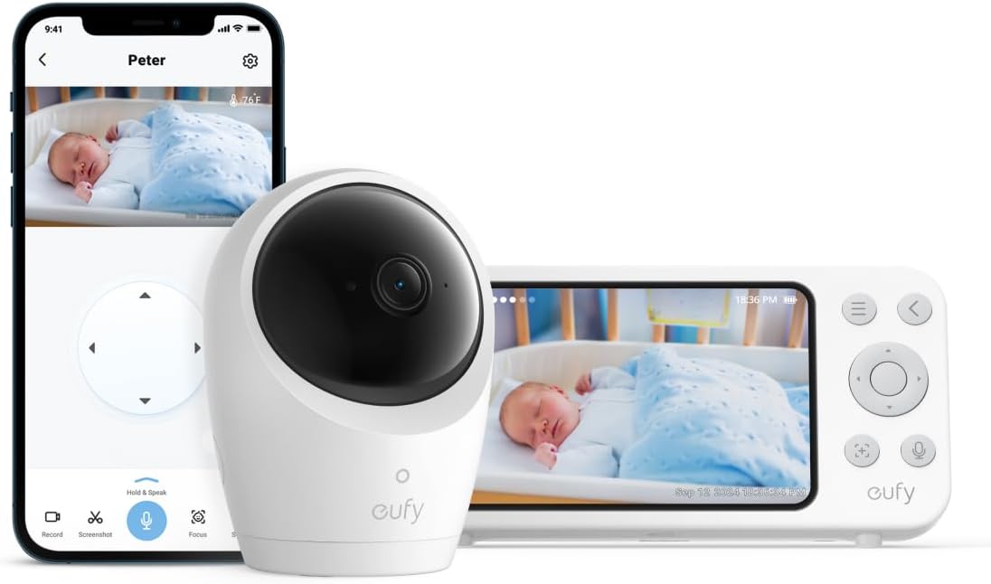 eufy Baby Monitor E20, 2K Resolution, 5'' 720p Display, Hybrid Connection, Wi-Fi & No Wi-Fi Control, Pan-Tilt, 4× Zoom, Night Vision, Built-in Battery Camera, ANR, Smart Alerts, 24/7 Recording