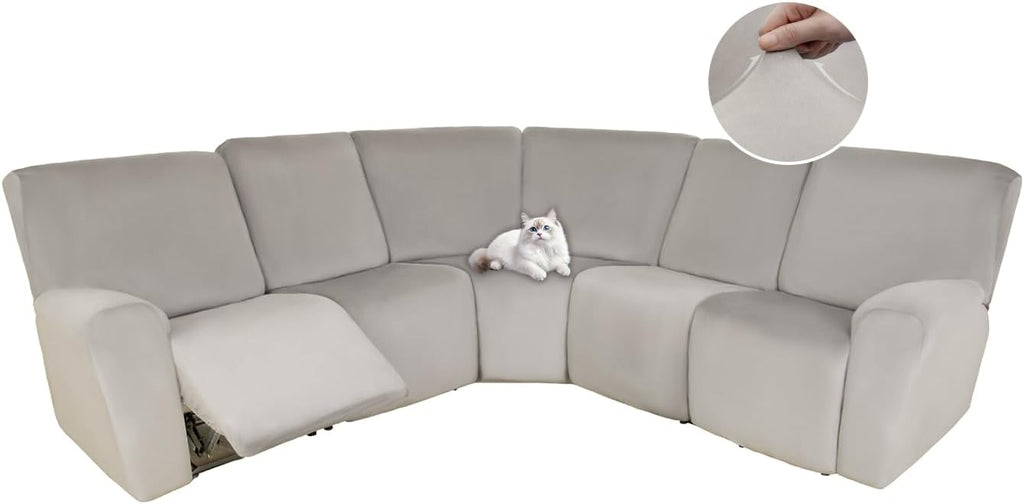 HDCAXKJ Reclining Sectional Couch Covers Velvet L Shaped Sectional Sofa Cover Washable Stretch Soft Corner Recliner Slipcover with Non-Slip Elastic Bottom (5 Seat Recliner Couch, Air Gray)