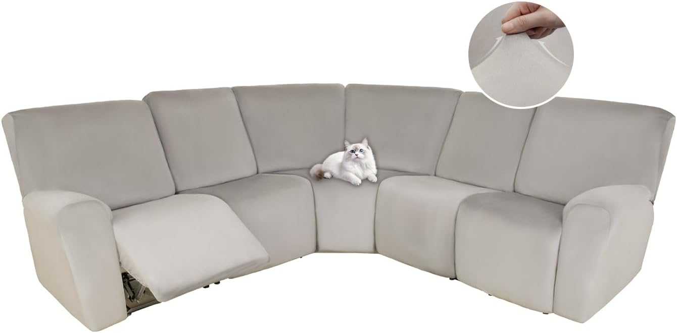 HDCAXKJ Reclining Sectional Couch Covers Velvet L Shaped Sectional Sofa Cover Washable Stretch Soft Corner Recliner Slipcover with Non-Slip Elastic Bottom (5 Seat Recliner Couch, Air Gray)