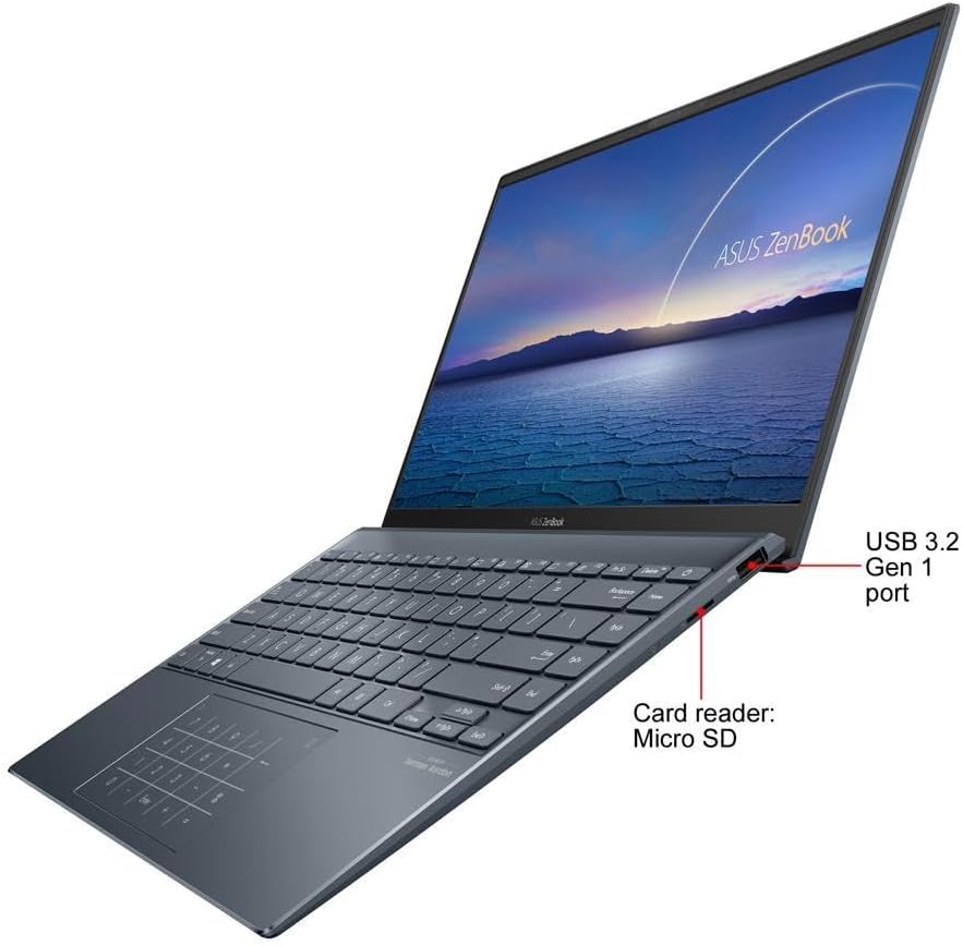 ASUSF ASUS ZenBook 14 Ultra-Slim Laptop 14' Full HD NanoEdge Bezel Display, Intel Core i7-1165G7, 8GB RAM, 512GB PCIe SSD, NumberPad, Thunderbolt 4, Windows 10 Home, Pine Grey, UX425EA-EH71