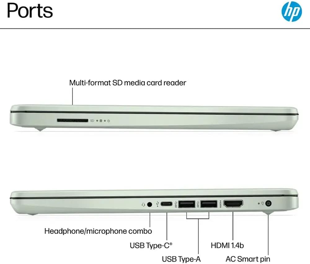 HP Ultra Thin 14' Laptop with Copilot, Intel N150, 8GB RAM, 384GB(128GB eMMC+256GB SD Card) • HUB • Mouse, Windows 11 Pro, 1-Year Office 365, Lightweight Green Notebook for Work & School