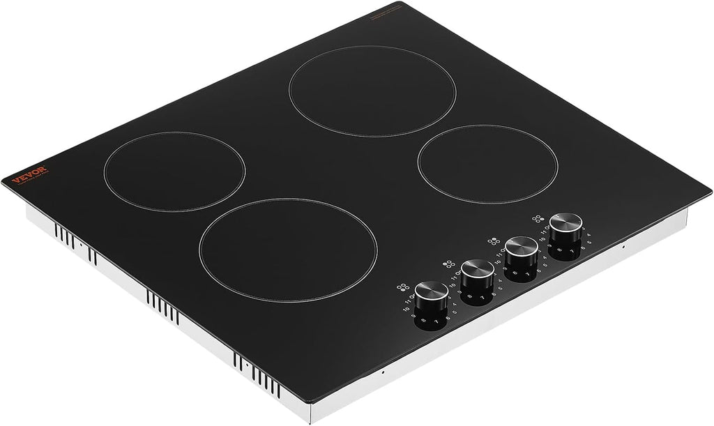 VEVOR Electric Ceramic Cooktop, Built-in Electric Stove Top, with Glass Panel, Knob Control, 11 Heat Levels, for Diverse Cooking Requirements (24inch-4burners/220V)