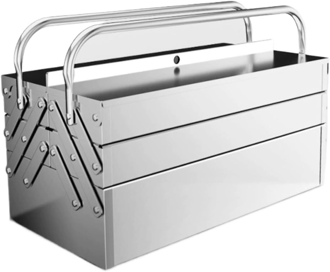 Toolbox Portable Stainless Steel Tool Box with 3 Level Fold Out Organizer Storage - Heavy Duty Metal Frame with Smooth Metal Cantilever latchets- Hand Carry Tool Box