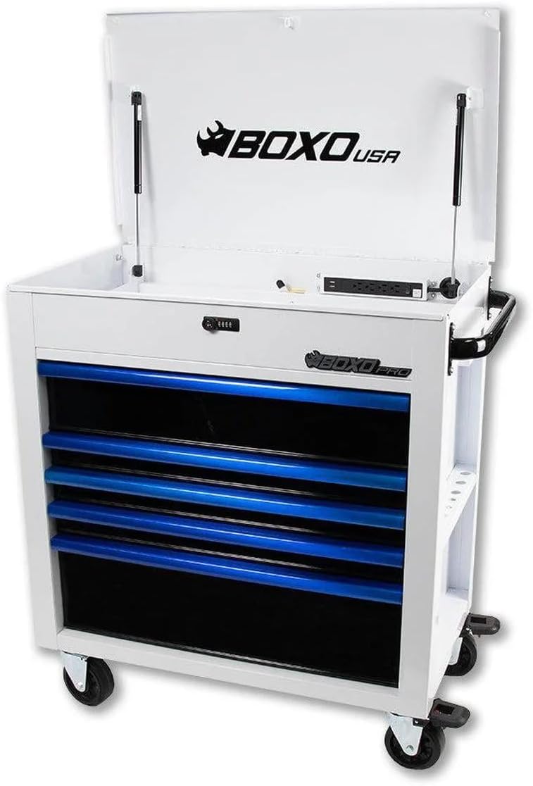 SR1 Performance Boxo USA 35' Pro Series 5-Drawer Service Cart with Flip Top Heavy Duty Steel Toolbox (Gloss White/Blue Trim)