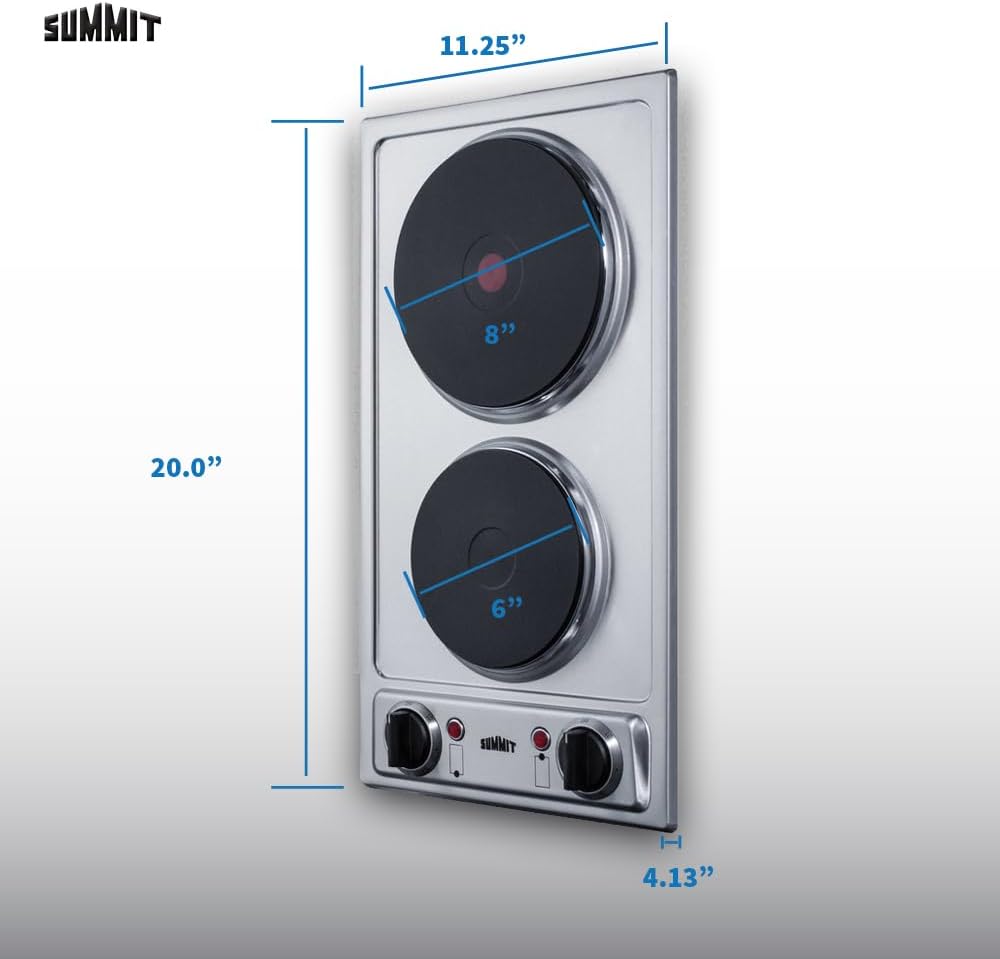 Summit 12' 2 Burner Electric Cooktop 230 Volt Solid Disk Cooktop, ADA compliant, Stainless Steel, Cast Iron- CSD2B230