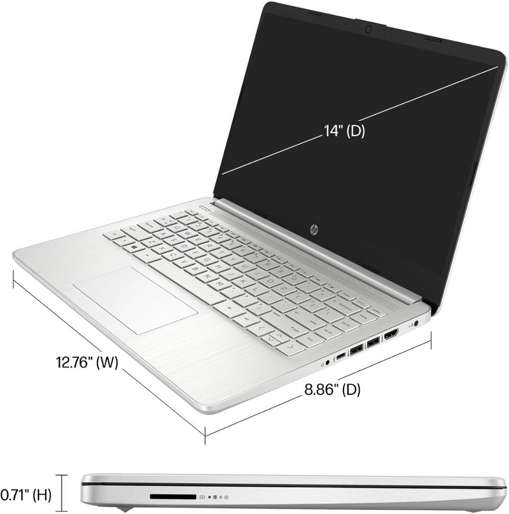HP 14'' HD Display Laptop, Intel Celeron N4120, 1.1GHz, 4GB Memory, 128GB eMMC, Windows 11 Home in S Mode, One Year Office 365 Included, Natural Silver with TGY Accessories