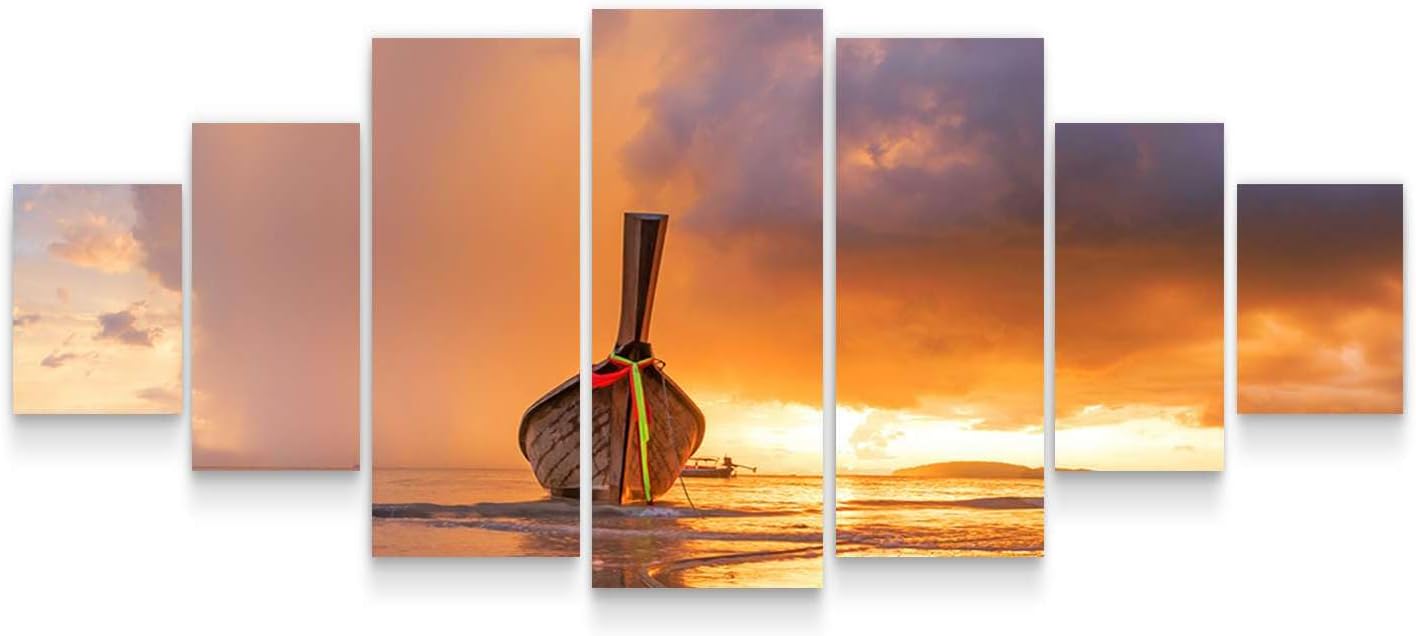 Startonight Large Canvas Wall Art Beach - A Boat at Sunset - Huge Framed Modern Set of 7 Panels 40' x 95'