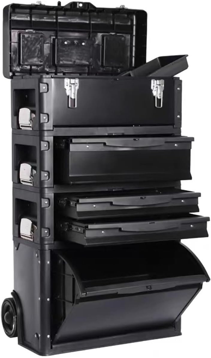Toolbox Toolbox Four-Layer Combination Rolling Work Centre Toolbox with Pull Handle Detachable Toolbox Multifunctional 4 Level Workstation Tool Box(Black)