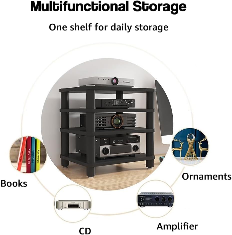 Desktop Video Audio Rack AV Media Stand with Wooden Shelf, Open Stereo Cabinet Corner Component Cabinet, Portable Media Storage Cabinet for Computer Desk,Black,2 Tier W 15.7″