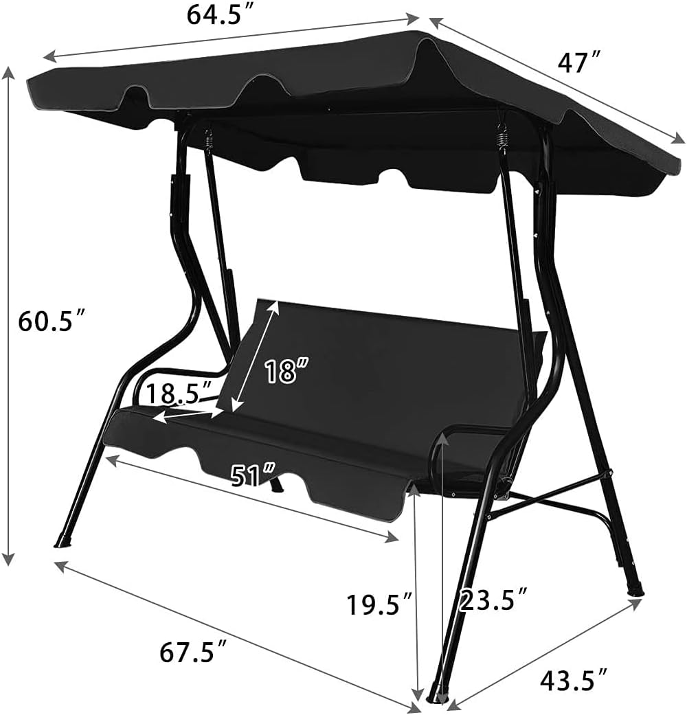 3-Seater Canopy Swing Chair, Waterproof Outdoor Swing Cushioned Seat with Adjustable & Removable Canopy, Steel Frame Polyester Fabric Oxford Cloth Patio Hammock Cover Top (Black)