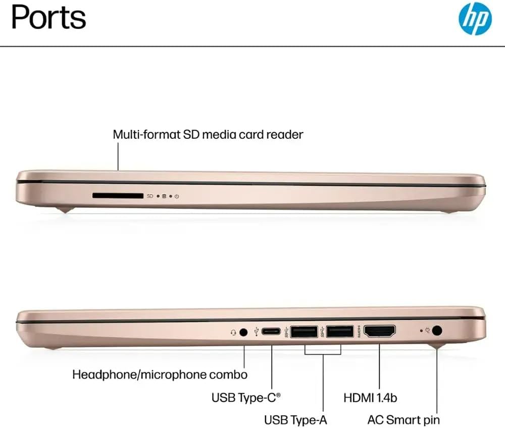 HP Ultra Thin 14' Laptop with Copilot, Intel N150, 8GB RAM, 384GB(128GB eMMC+256GB SD Card) • HUB • Mouse, Windows 11 Pro, 1-Year Office 365, Lightweight Rose Gold Notebook for Work & School