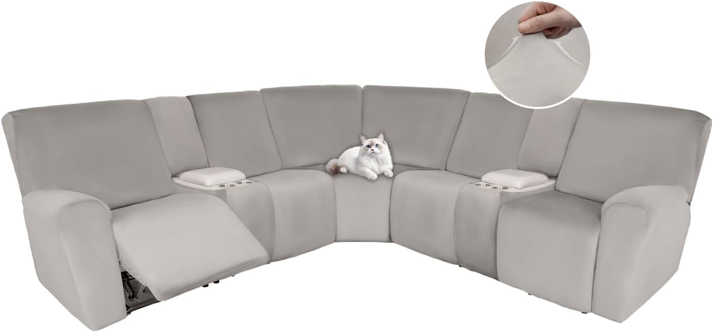 HDCAXKJ Reclining Sectional Couch Covers Velvet L Shaped Sectional Sofa Cover Washable Stretch Soft Corner Recliner Slipcover with Non-Slip Elastic Bottom (5 Seat and 2 Middle Console, Air Gray)