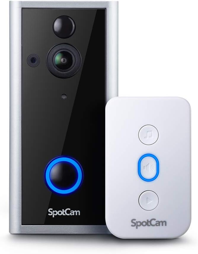 SpotCam Video Doorbell 2, Bluetooth and Wi-Fi Setup, Rechargeable Battery/AC/DC Powered, FHD 1080P, Two Way Audio, 180 Degree View Angle, Motion Detection, Digital Output,