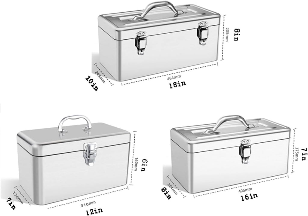 Multifunctional Portable Stainless Steel Tool Box with Metal Latch Silver Hand Carry Tool Cases for Tools Storage Multi-Function Storage Box for Garage(Small)