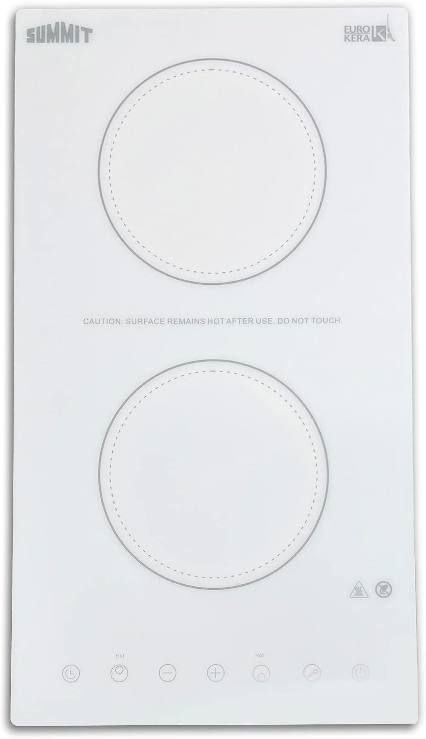Summit Appliance CR2B15T2WTK15 115V 2-Burner Radiant Cooktop in White Ceramic Glass Surface with Digital Touch Controls & Stainless Steel Frame to Allow Installation in 15' Wide Counter Cutouts