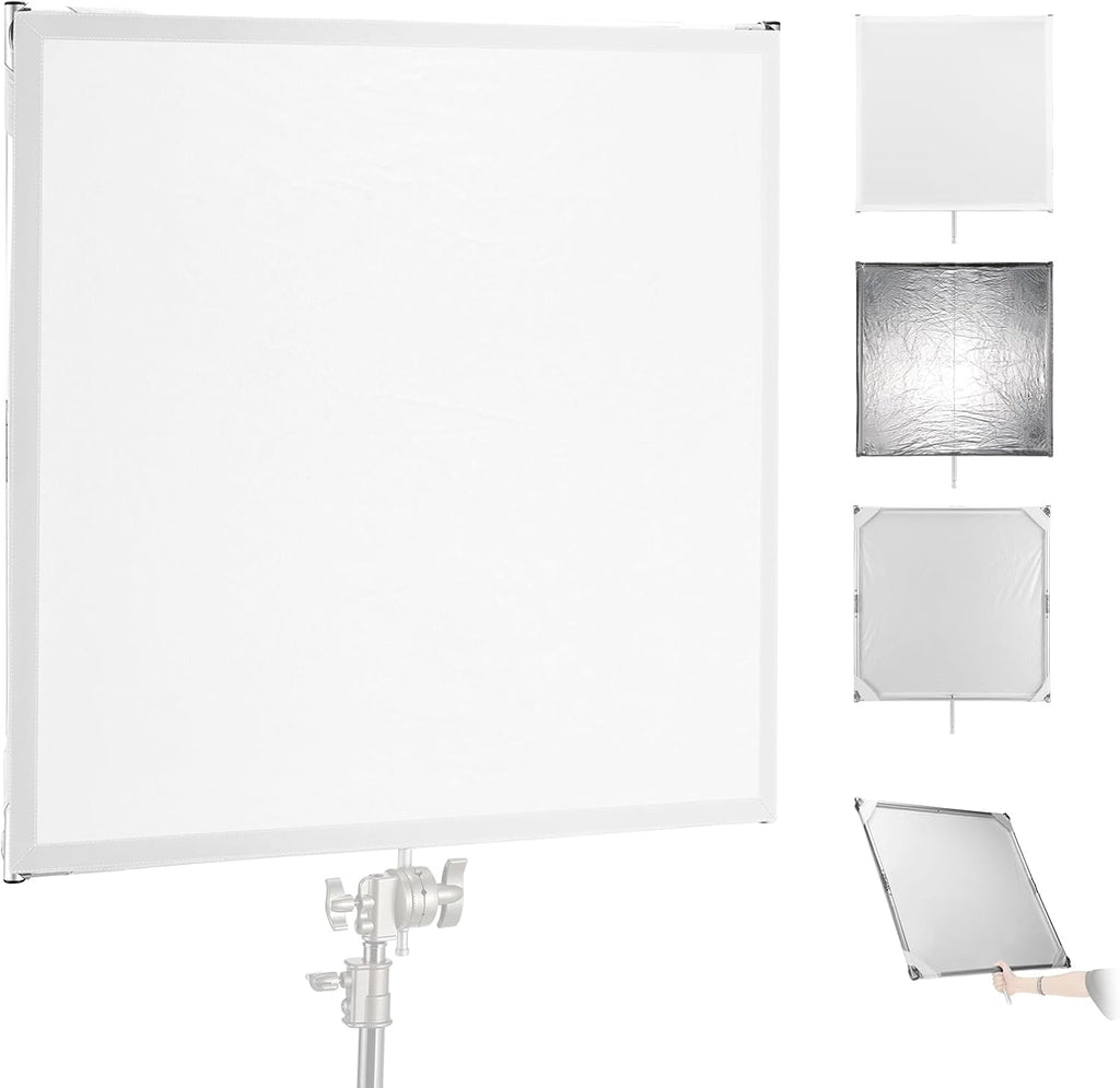 NEEWER Light Diffusion Panel Scrim Kit with Silver/White Reflector Film 35'x35' Foldable Frame with 5/8' Baby Pins Handle for C Stand 3 in 1 Diffuser for Studio Portrait Product Photography, SF9090F