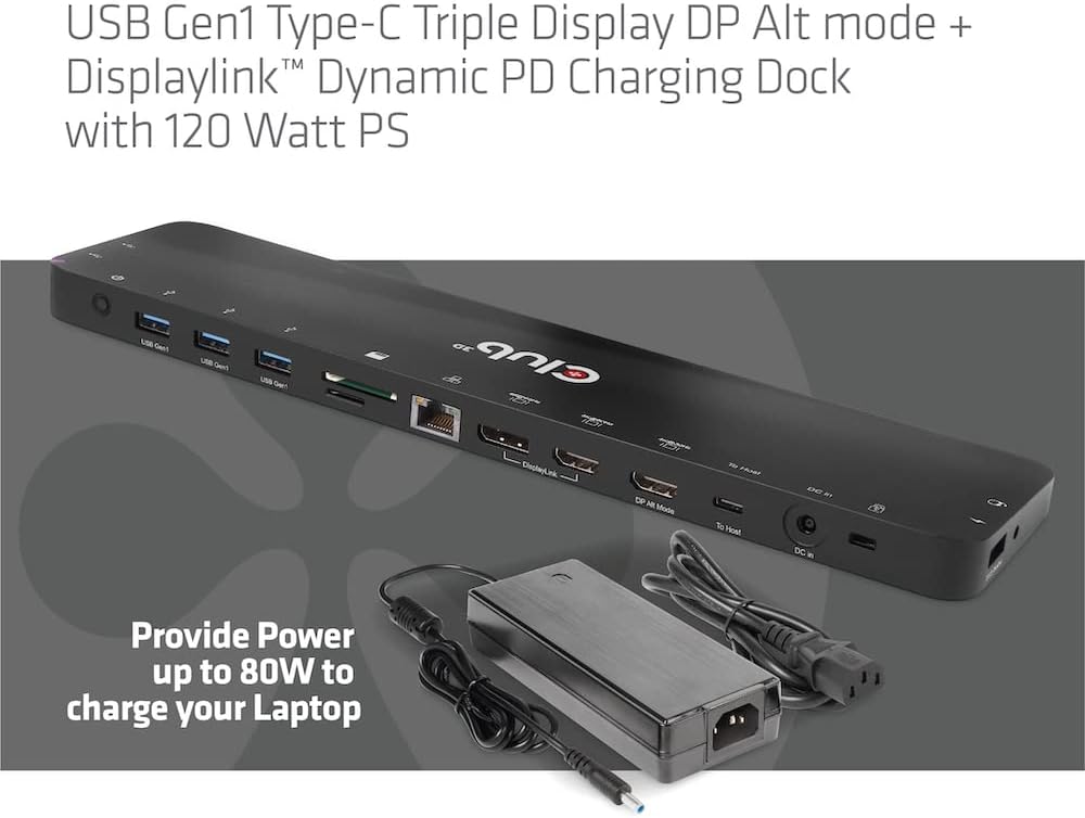 Club 3D CSV-1566 USB Gen1 Type-C Triple Display DP Alt Mode Displaylink Dynamic PD Charging Dock with 120 Watt PS