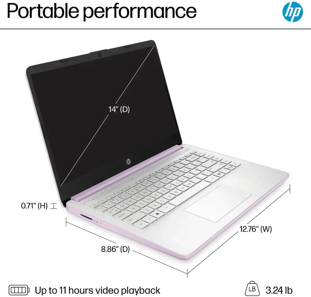HP Ultra Thin 14' Laptop with Copilot, Intel Quad-Core N150, 8GB RAM, 384GB(128GB eMMC+256GB SD Card) • HUB • Mouse, Windows 11 Pro, 1-Year Office 365, Lightweight Purple Notebook for Work & School