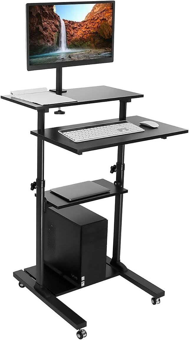 Mount-It! Mobile Computer Cart with Monitor Mount for Screen up to 32', Portable Desk on Wheels, Rolling Laptop Stand for Teachers, Office, Classroom, Rise up to 53', Podium, Keyboard Tray, Black