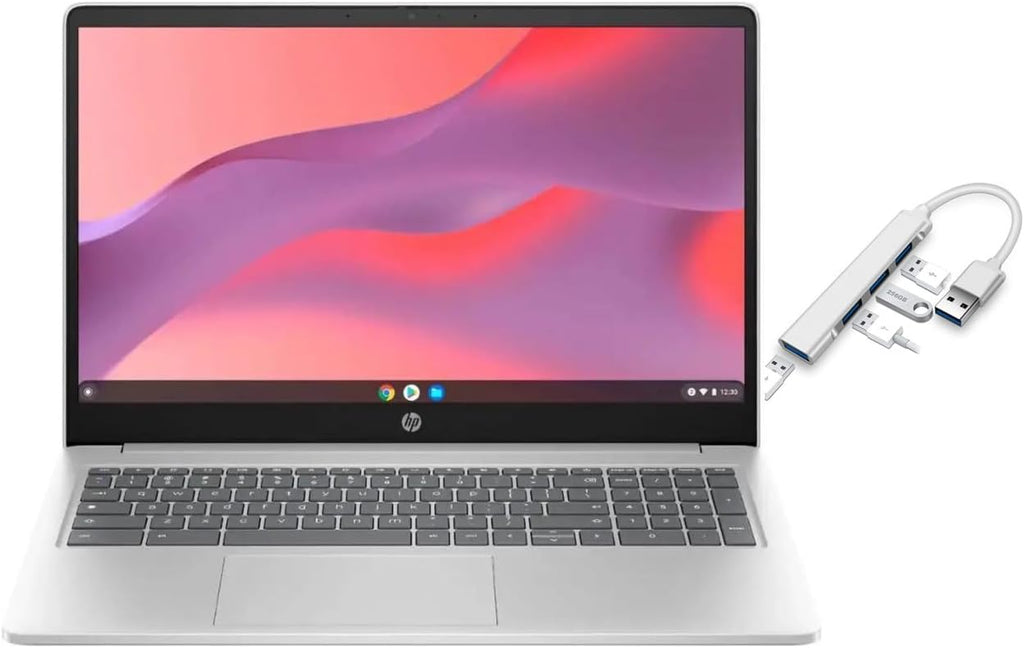 HP 15.6' HD Chromebook Laptop |Intel Processor N200|Intel UHD Graphics| WiFi| Webcam| Silver | 8GB RAM DDR5 | 64GB SSD |Chrome OS |Bundle with USB 3.0 Hub