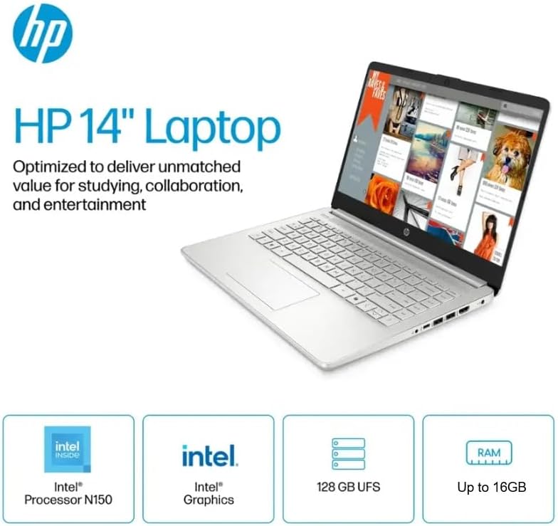 HP 2025 Student Business Laptop, Intel Processor N150(up to 3.6 GHz), 16G RAM, 128GB Storange, 14 Inch LED Screen,1 Year Office 365, Windows 11 Home,Silver,w/BTP Accessories