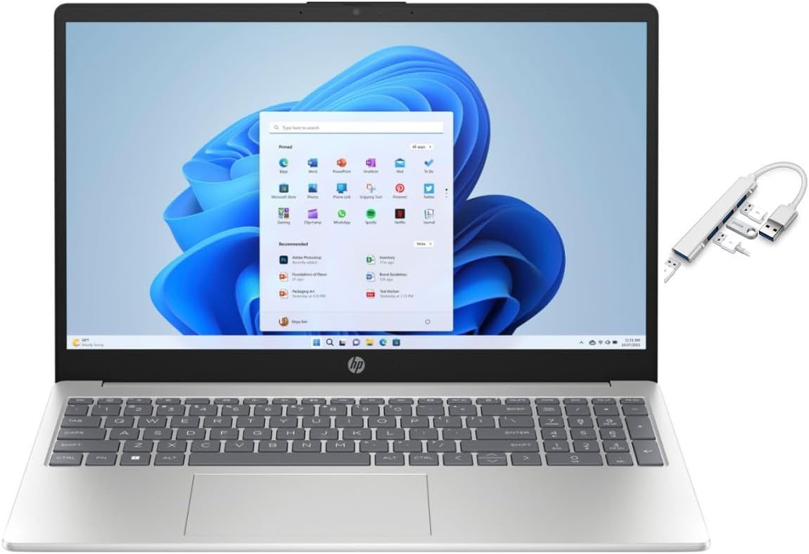 HP 15.6'' FHD Laptop | AMD Ryzen 5 7520U（Beat i7-1255U | Integrated AMD Radeon Graphics | 16GB RAM DDR5 | 256GB SSD | Windows 11 Home | Bundle with USB 3.0 Hub, Silver
