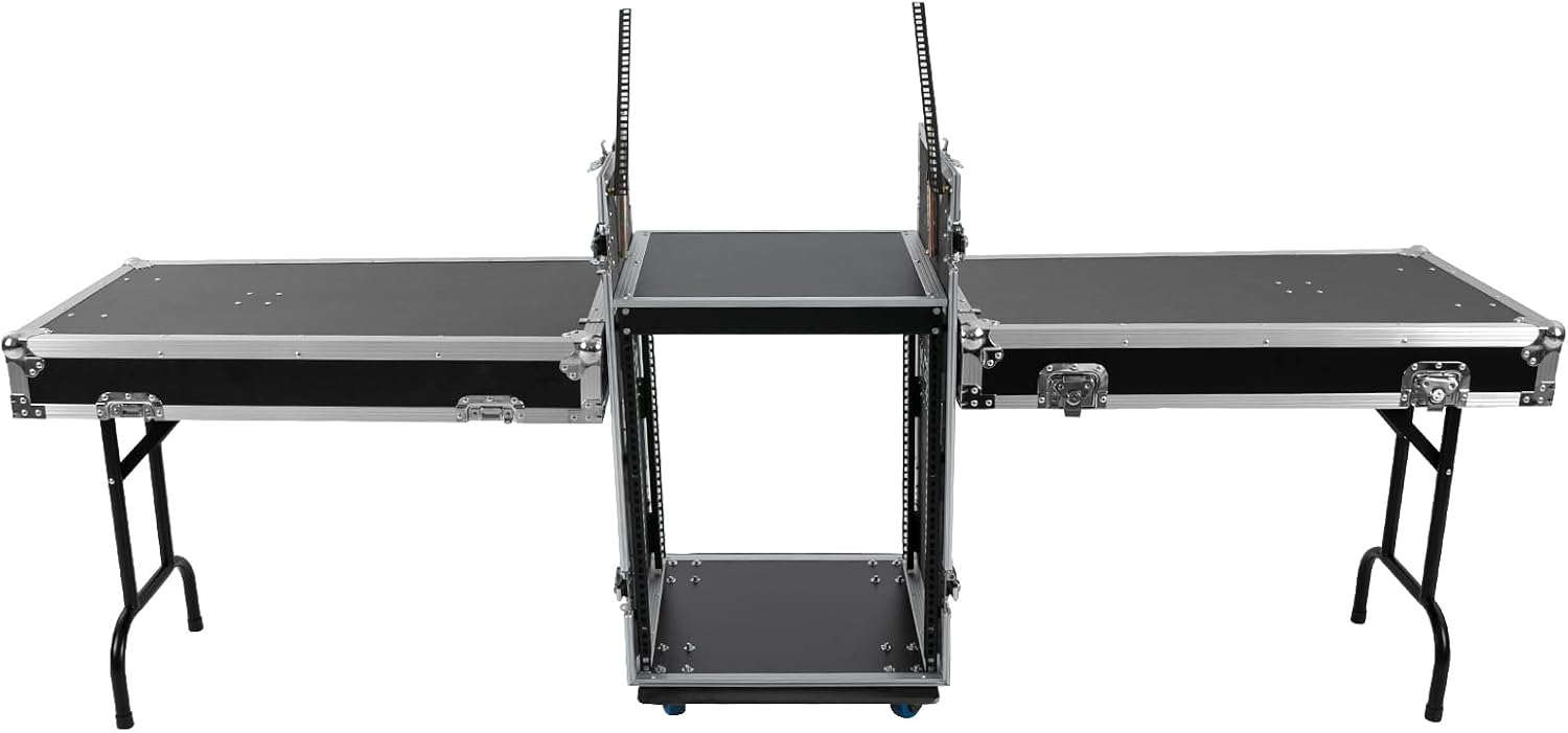 PA DJ Rack,661.39Lbs Heavy Duty Plywood Mobile Studio Equipment Cabinet with 4 Rubber Wheels,Freestanding Audio Rack/Road Case Vertical Rack Recording Studio Cabinet Racks (14U/Side Table) (2 Tiers)