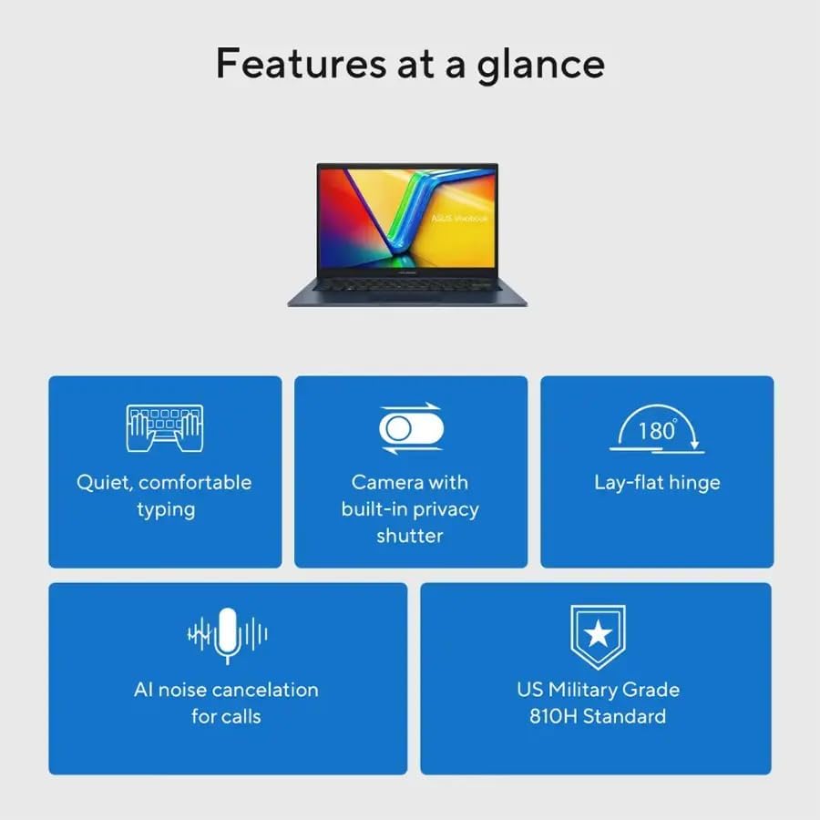 ASUS Vivobook 14(2026), 14', FHD Slim Laptop, Intel 13th Core i5-1334U, UHD Graphics, Privacy Camera, Bluetooth5.1, Windows 11 H, Quiet Blue, W/HDMI (16GB RAM | 2TB SSD)
