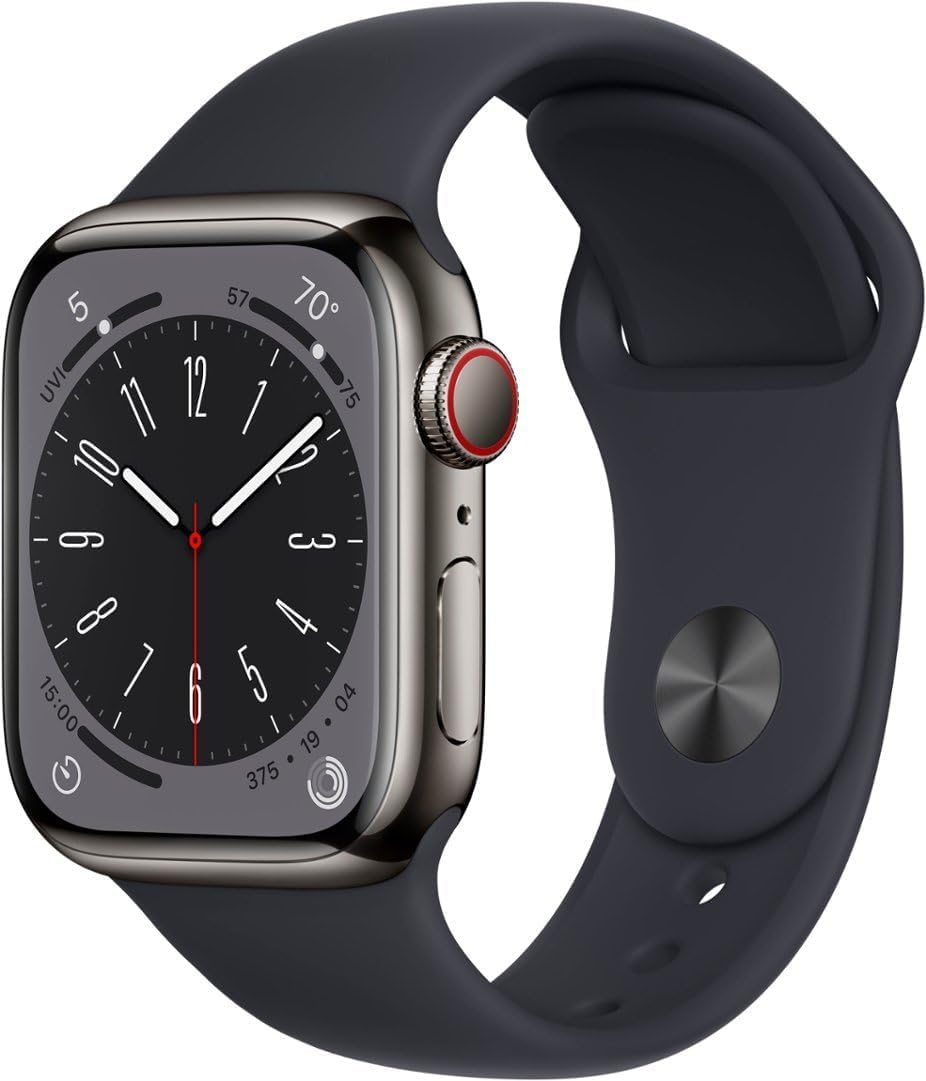 Apple Watch Series 8 [GPS + Cellular, 41mm] - Graphite Stainless Steel with Midnight Sport Band, S/M (Renewed)