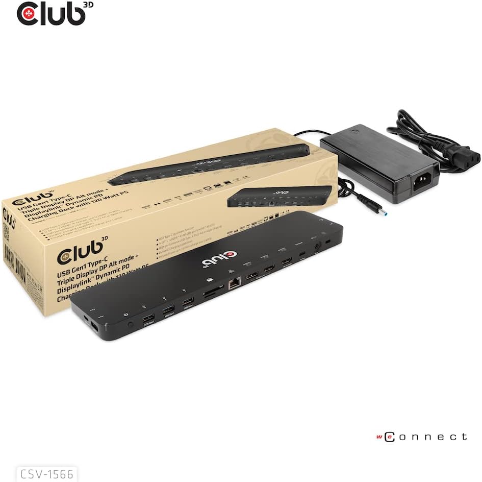 Club 3D CSV-1566 USB Gen1 Type-C Triple Display DP Alt Mode Displaylink Dynamic PD Charging Dock with 120 Watt PS