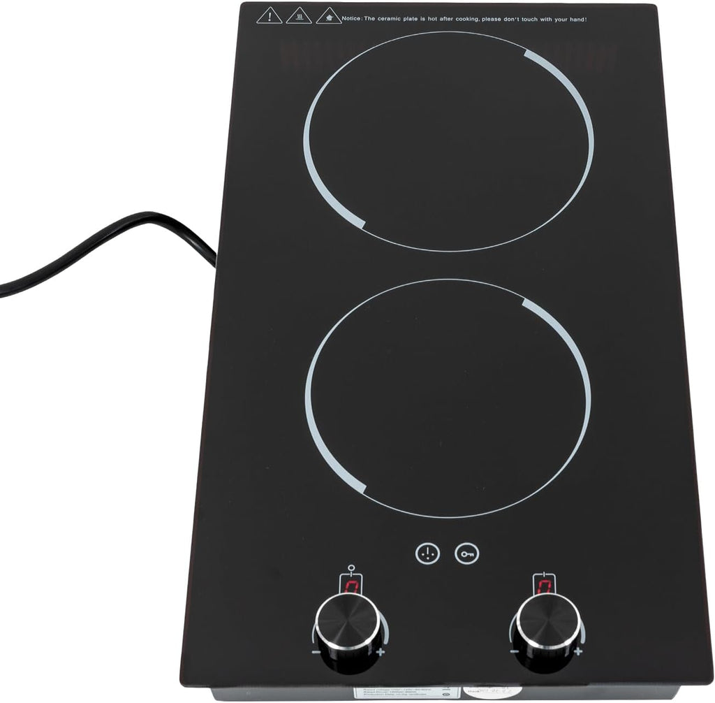 Electric Cooktop - 2 Burner Plug in Portable 110-120V 2100W Electric Cooktop, Built-in & Countertop Ceramic Cook Stove with Knob Control, 9 Power Levels and Overheat Protection