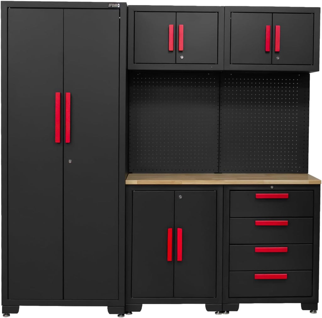 6-Pcs Garage Storage Cabinet System - Garage Workshop Set with Steel Cabinet Drawers, Tool Chest, Workbench, Pegboard for Tool Organization