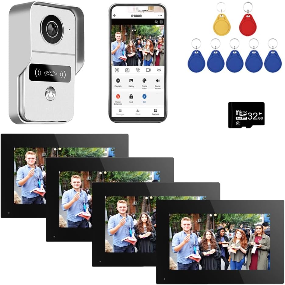 Wired Video Doorbell Apartment Intercom with 7 inch Touch Monitor System,1080P Doorphone Door Camera,TUYA WiFi Smart Home Video Intercom Door Phone Kits for Home Villa (1 doorbell+4 Monitor)