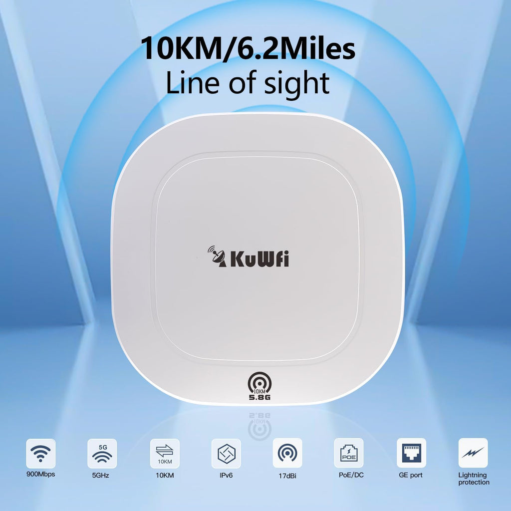 KuWFi 5.8G Gigabit Point to Point WiFi Bridge Kit,TDMA 10KM Long Range Outdoor Point to Point Wireless Bridge CPE, Extending WiFi to outbuildings，Support Starlink Router/Camera