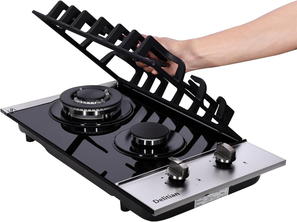 12 Inch Gas Cooktop, Built-in Tempered Glass 2 Burners Gas Stovetop LPG/NG Convertible Gas Stove Dual Fuel Gas Hob for RVs, Apartments, Outdoor DT2188A