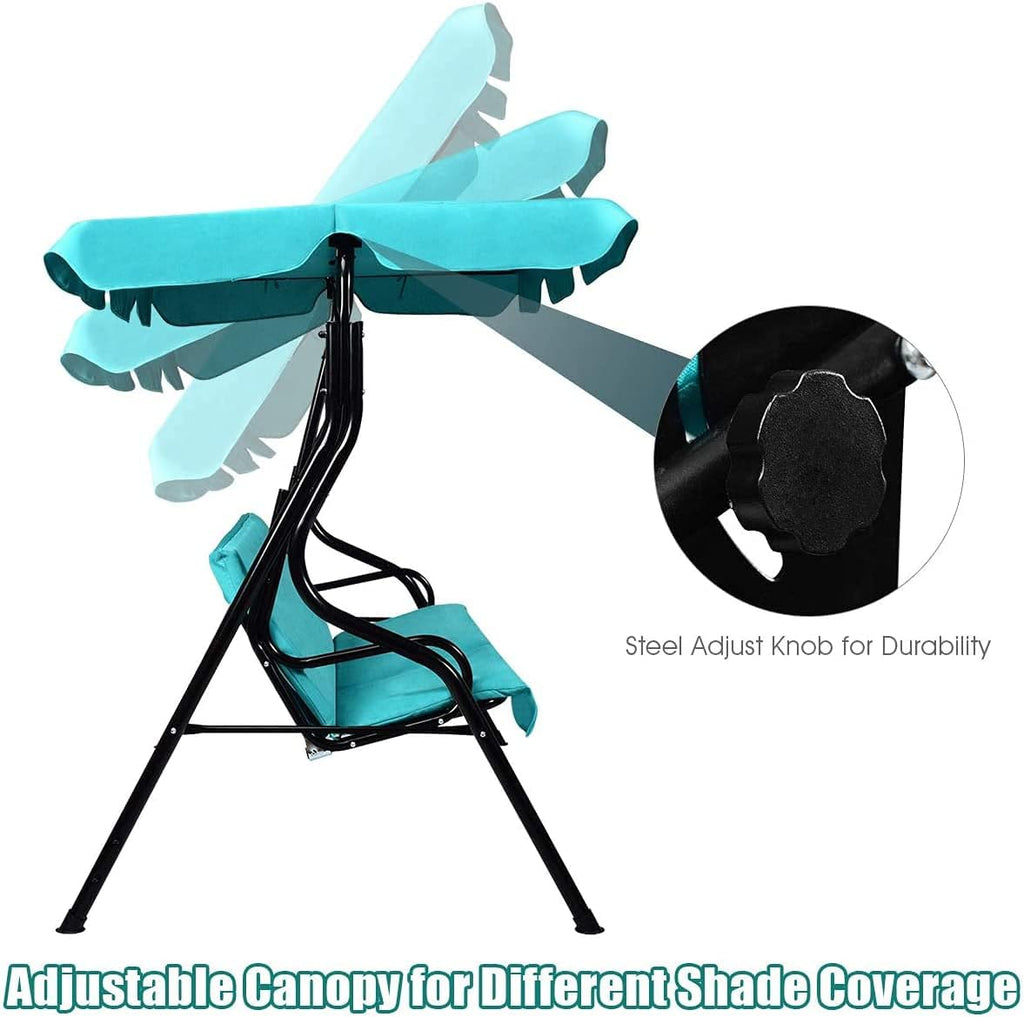 3-Seater Canopy Swing Chair, Waterproof Outdoor Swing Cushioned Seat with Adjustable & Removable Canopy, Steel Frame Polyester Fabric Oxford Cloth Patio Hammock Cover Top (Turquoise)