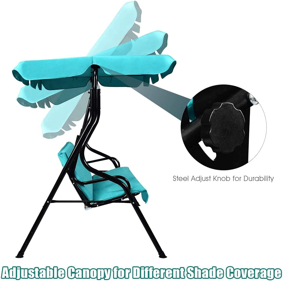 3-Seater Canopy Swing Chair, Waterproof Outdoor Swing Cushioned Seat with Adjustable & Removable Canopy, Steel Frame Polyester Fabric Oxford Cloth Patio Hammock Cover Top (Turquoise)