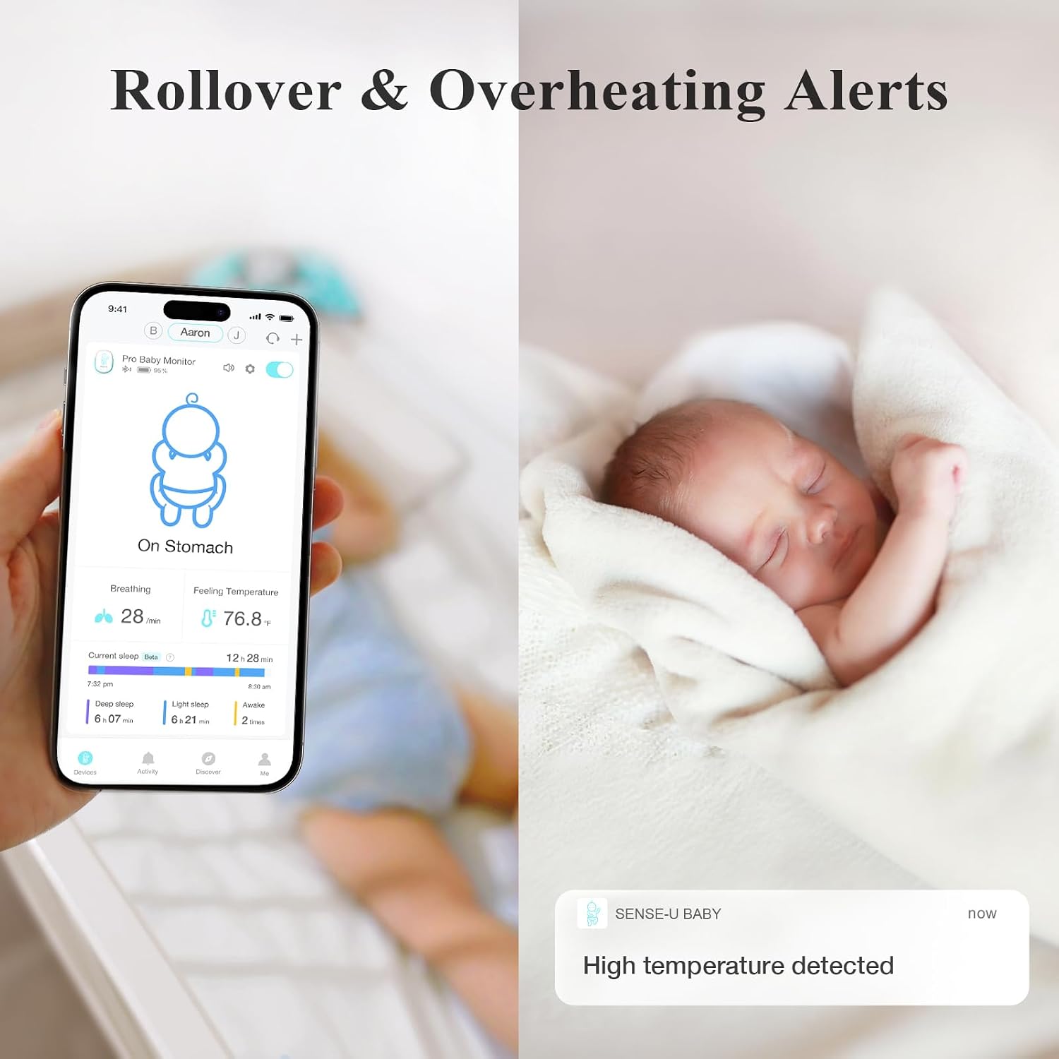 Sense-U Pro Baby Breathing Movement & Sleep Position Monitor with Gentle Vibration Alerts, Temperature Notifications, Audible & App Alerts, Sleep Analysis, Long Battery Life, Easy Clip-On Design