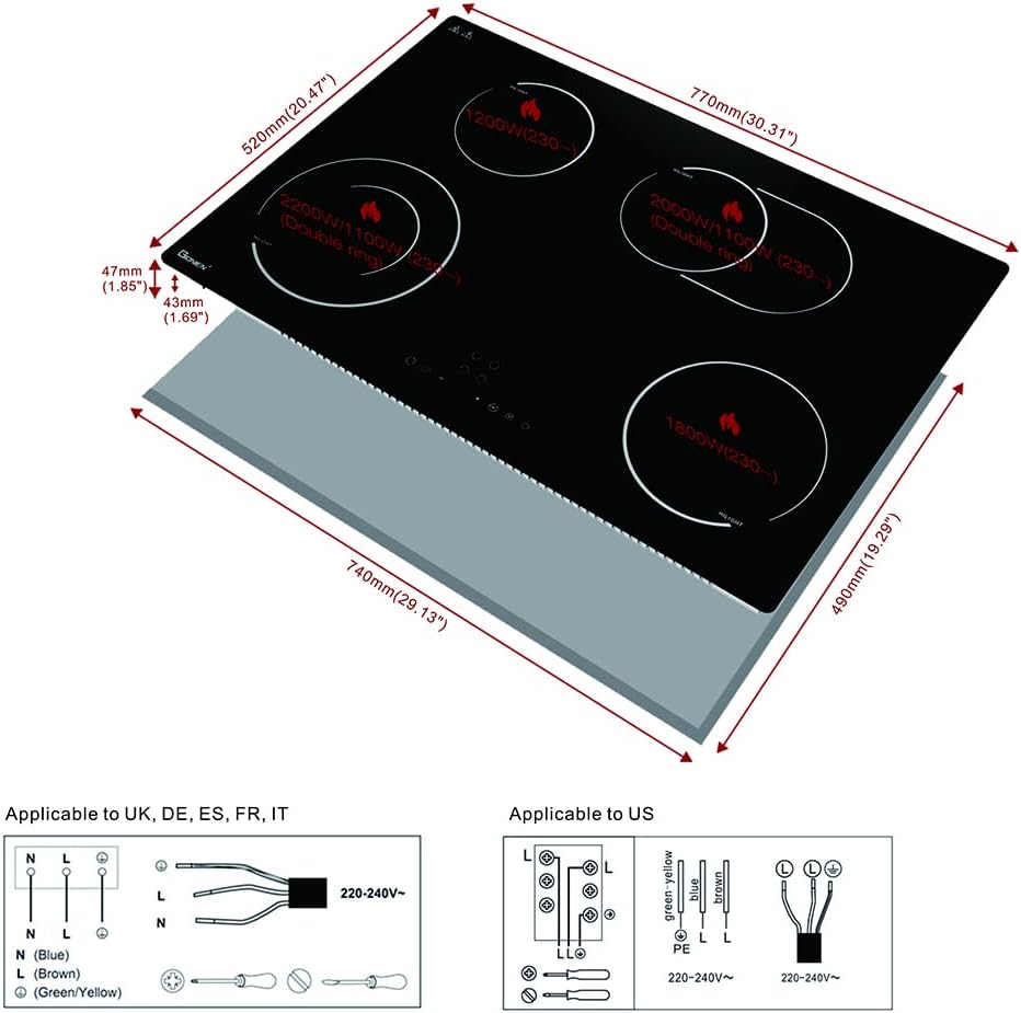 Electric Cooktop 30 Inch 220V~240V, Drop-in Ceramic Stove Burner,4 Burners Black Glass Cooktop with Flexible Ring,7200W Built in Electric Stove,Touch Control