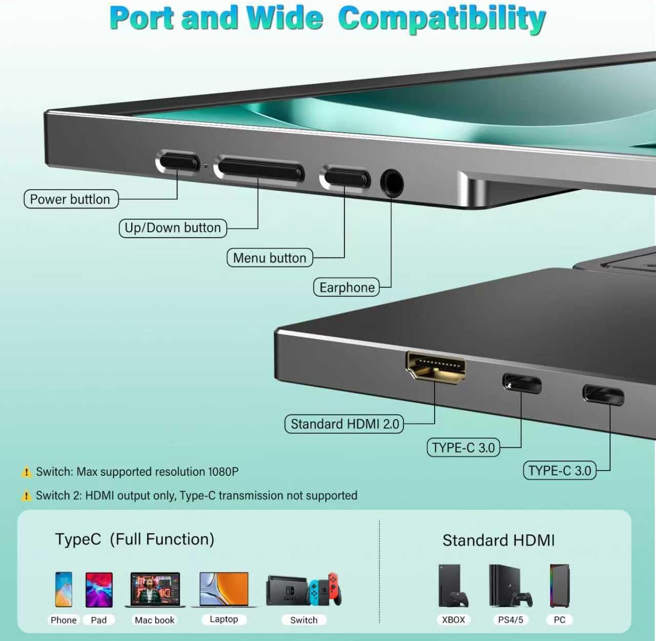 InnoView 16' Portable Monitor 120Hz 2.5K QHD 2160x1600 100% sRGB Laptop Screen Extender | 2 x Type-C & HDMI Portable Monitor for Macbook/Switch/PS5/Xbox(Adapter Excluded)