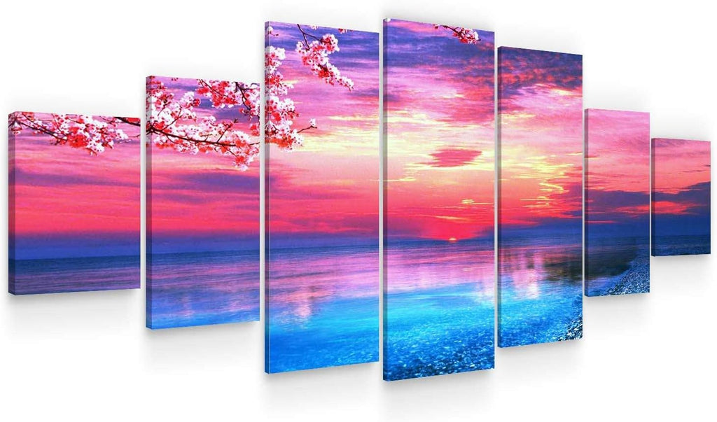 Startonight Huge Canvas Wall Art - Pink Sunset Beach - USA Large Home Decor - Dual View Surprise Artwork Modern Framed Wall Art Set of 7 Panels Total 40' x 95'