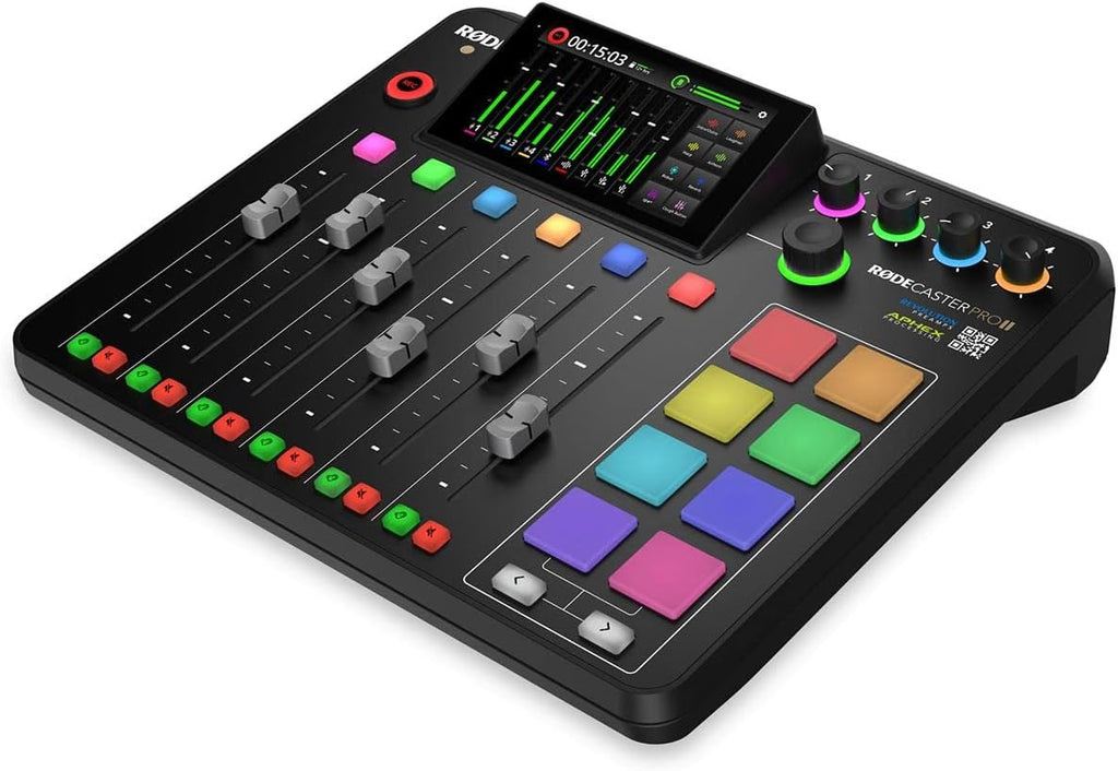 Rode RODECaster Pro II Integrated Audio Production Studio Console Bundle with 4x Turnstile Audio TAP300 Mic, 4x TAPH500 Headphones, 4x H&A Broadcast Arm, M to F XLR Cable, 64GB microSD Card