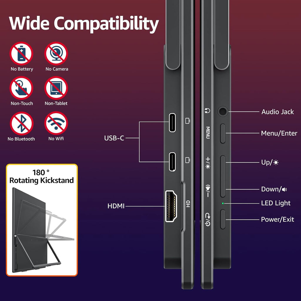 VisionOwl Portable Monitor for Laptop, IPS USB-C HDMI Travel Second Monitor for MacBook Pro Air, PC, PS5, Xbox, Portable Second Screen, Built-in Kickstand, Speakers, VESA Mountable, 18.5 Inch