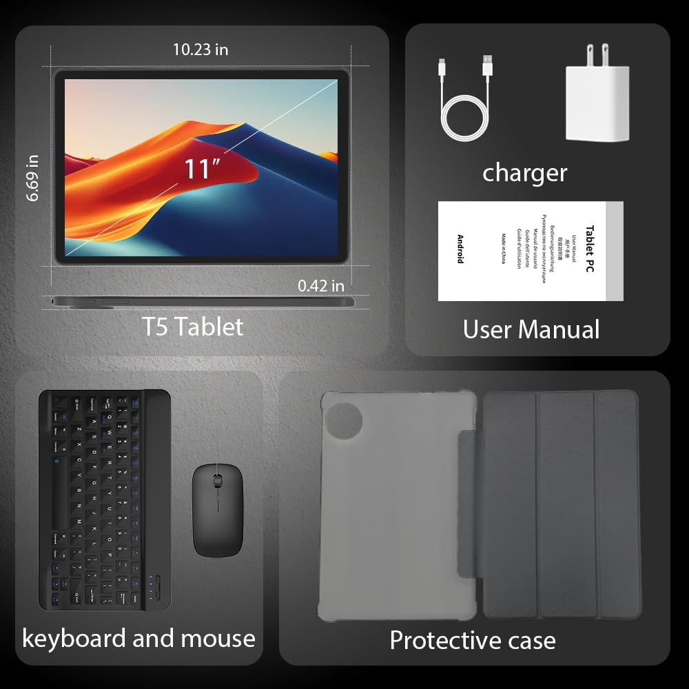HUIHUANG Tablet with Keyboard | Android 15 | 20GBRAM+128 Storage(Expand to 1TB), 8000mAh Battery | Widevine L1, 11 in Tablet with 5G/2.4G WiFi | BT5.0 | GMS Certified | Keyboard Mouse | Case (Blue)