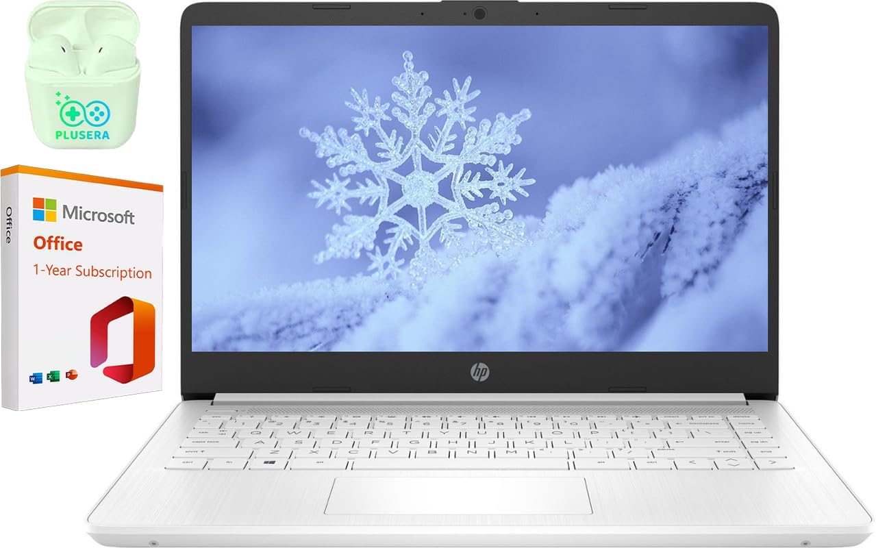 HP 14' LED Business Laptop Computer, 16GB RAM 320GB Storage (64GB eMMC+256GB SD Card), Intel Quad-Core N4120, Windows 11 S Laptop with 1-Year Microsoft Office 365, PLUSERA Earphones, White