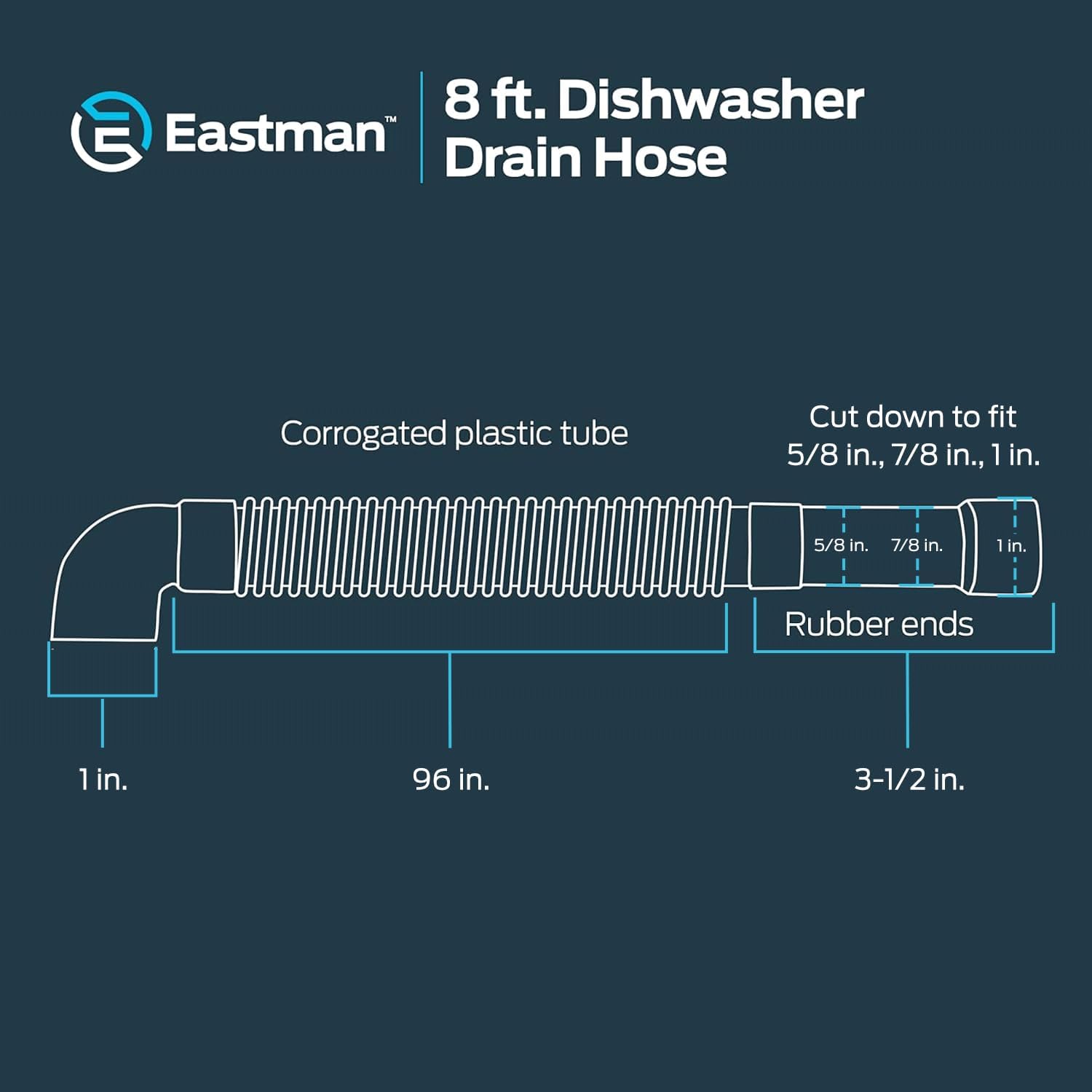 Eastman 8 Foot Dishwasher Drain Hose, Universal Fit with 5/8 In, 7/8 or 1 In OD Drain Outlet, 90 Degree Rubber Elbow, Corrugated, Gray PVC, 91218 (Pack of 8)