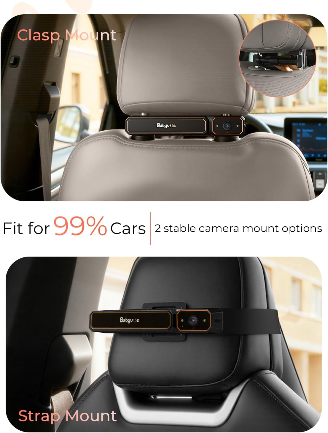Babyvue BV6 Wireless Baby Car Camera Fast Setup, HD1080P No Wiring Car Baby Monitor with Auto IR Night Vision, 5.2' Display Backseat Camera 3X Zoom for Kids