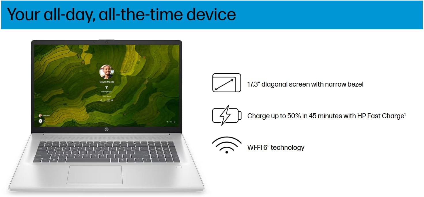 HP 17.3' AI Laptop, Intel Core Ultra 7 255U, 32GB DDR5, 1TB SSD, HD Touchscreen, Backlit Keyboard, Windows 11 Pro, Wi-Fi 6, Natural Silver