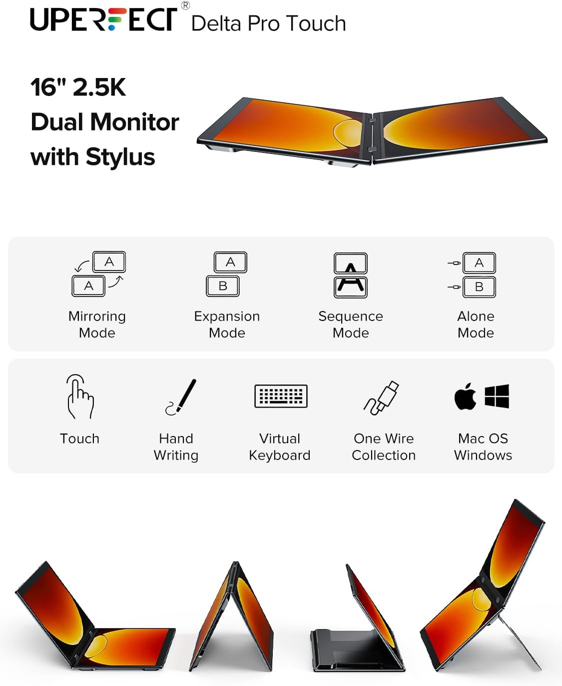 UPERFECT Delta Pro Touch Portable Monitor, 16' 2K Laptop Screen Extender, Touchscreen Dual Monitor with Stylus, First Pressure-Sensitive Touch Display, Stacked Folding Vertical Dual Screen with Stand