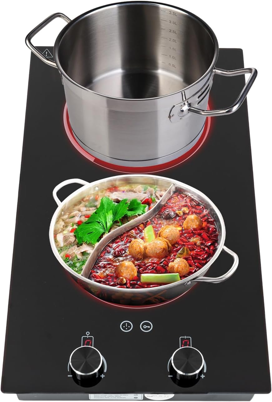 Electric Cooktop - 2 Burner Plug in Portable 110-120V 2100W Electric Cooktop, Built-in & Countertop Ceramic Cook Stove with Knob Control, 9 Power Levels and Overheat Protection